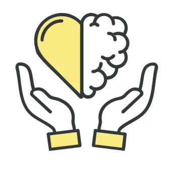 Two open hands are cupped upward beneath a symbol that is half a yellow heart and half a brain, representing the balance of emotion and logic.