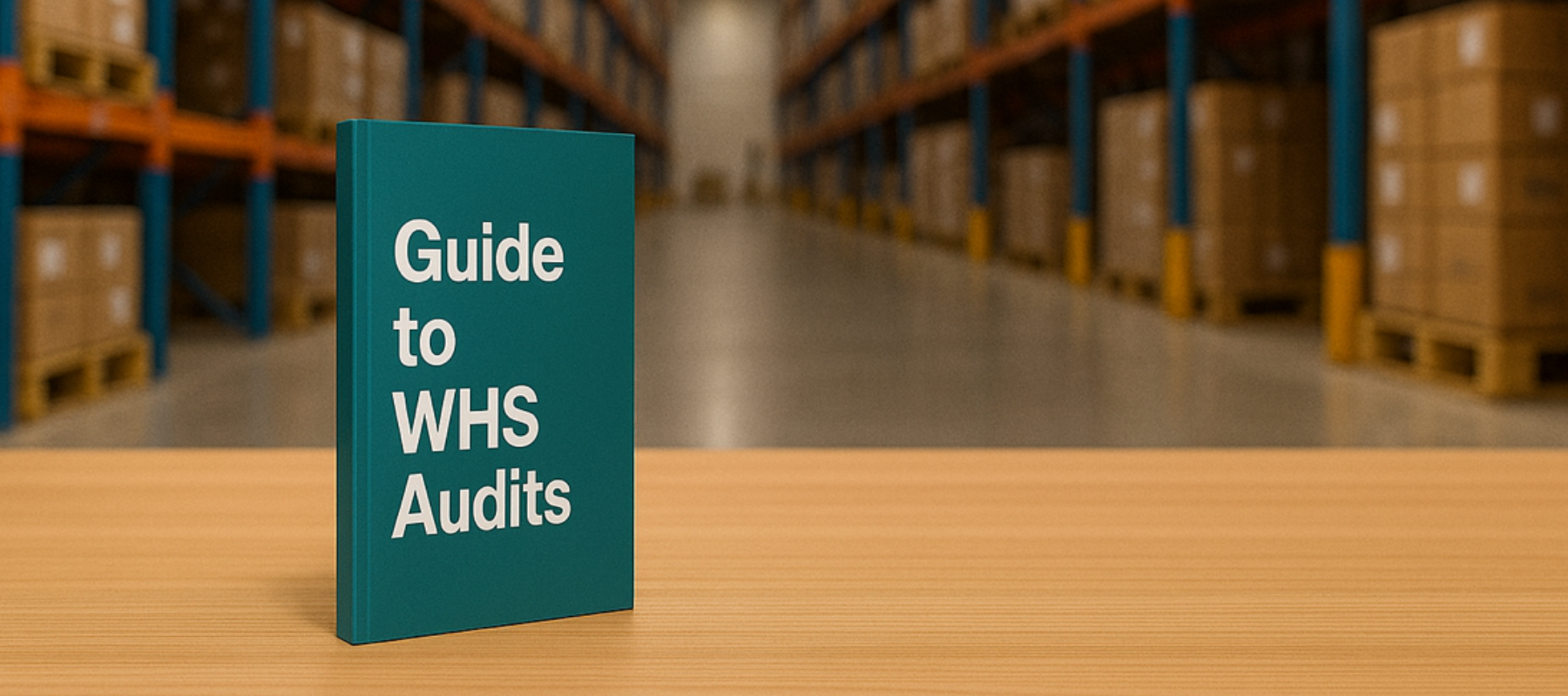 A book titled Guide to WHS Audits stands on a wooden table in front of blurred shelves stacked with boxes in a warehouse.