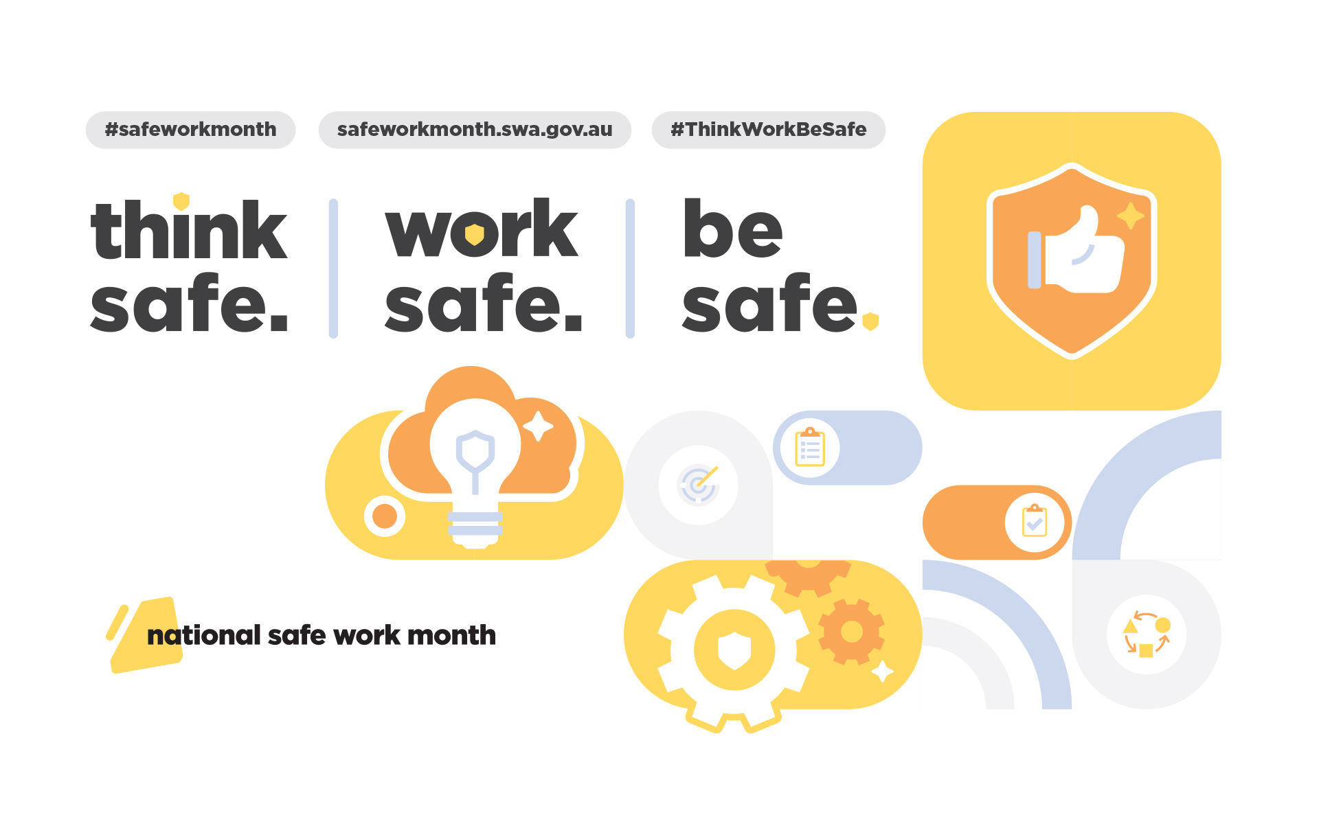 National Safe Work Month featuring phrases like "think safe," "work safe," "be safe"