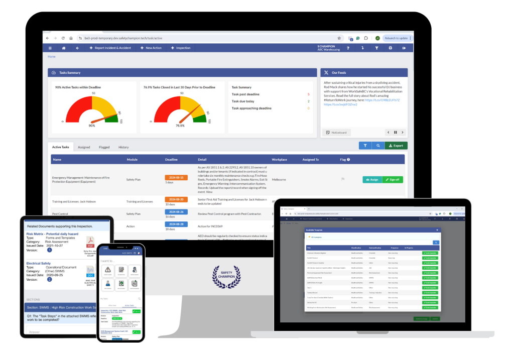 Our Recommended safety software - Safety Champion Software displayed on multiple devices. Desktop and Native iOS and Android Apps for Mobile, Tablet and iPad.