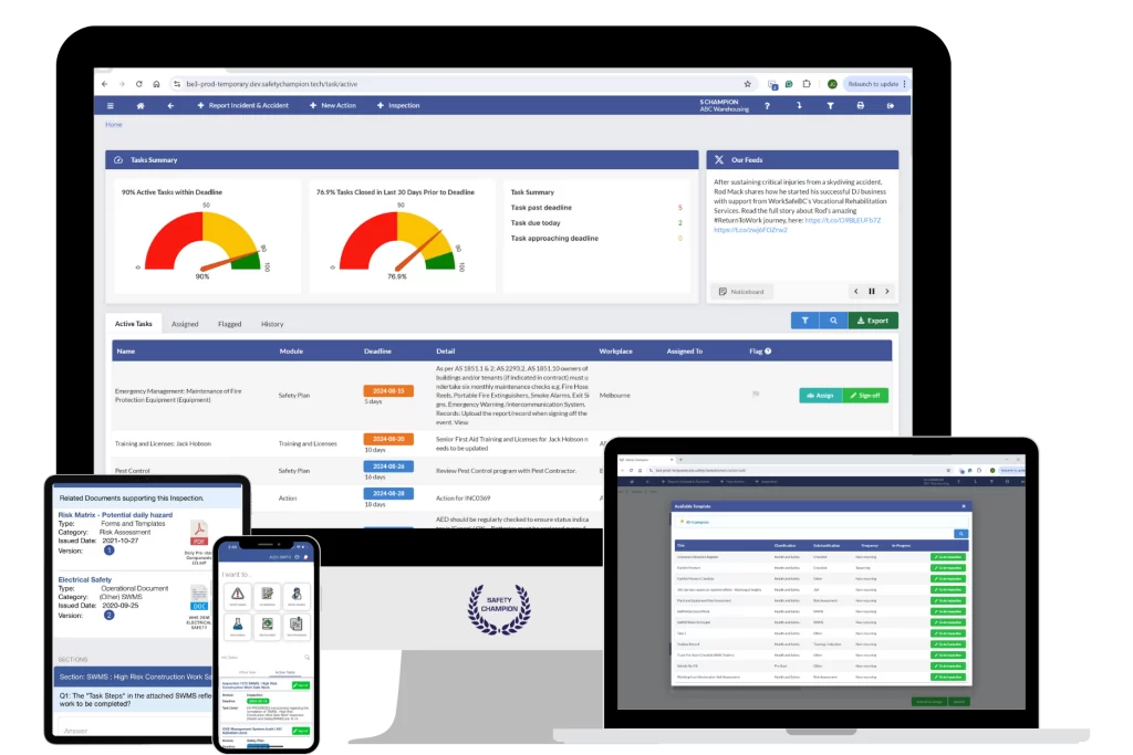 Our Recommended safety software - Safety Champion Software displayed on multiple devices. Desktop and Native iOS and Android Apps for Mobile, Tablet and iPad.