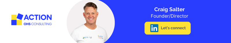 A smiling man wearing a white shirt with logos stands against a white background. Text on the right reads "Craig Salter, Founder/Director" with a LinkedIn button that says "Let's connect." The Action OHS Consulting logo is on the left.