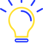 A simple illustration of a light bulb with a yellow outline and blue accents, radiating blue lines to symbolize ideas or safety in workplaces.