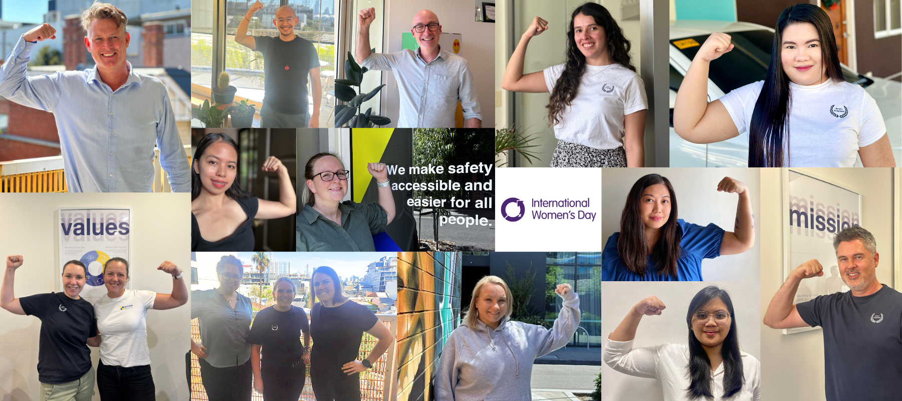 A diverse group of people posing with their arms flexed in a show of strength. They are standing in various indoor and outdoor settings for International Women's Day.